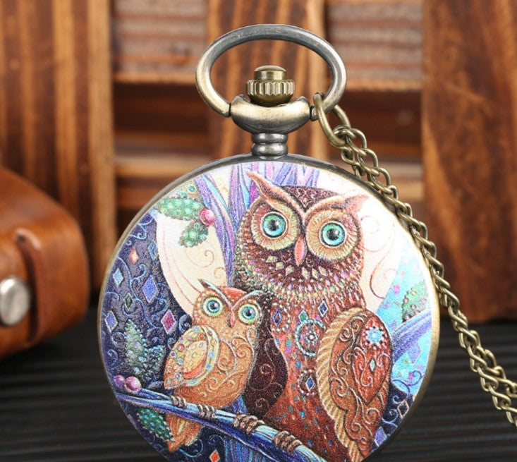 Flip Cartoon Owl Pattern Pocket Watch Cute Student's