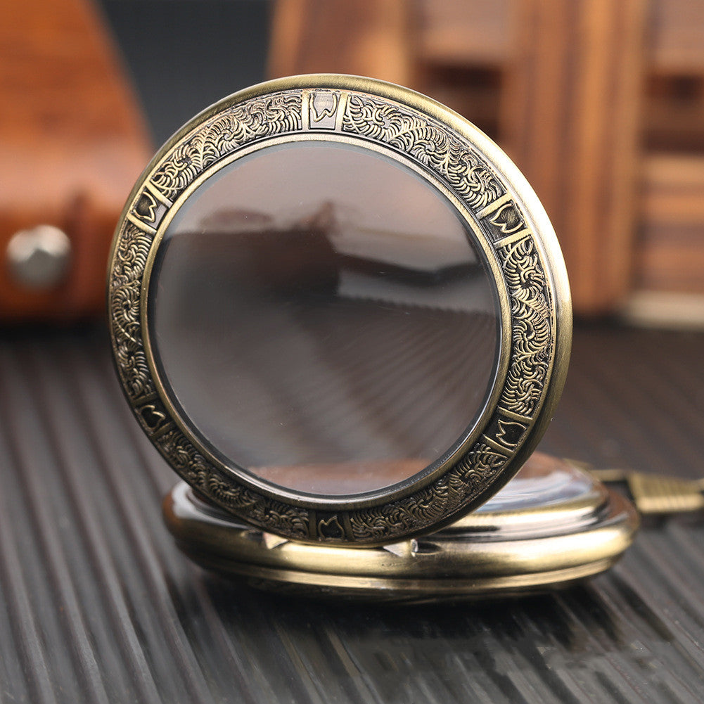 Classic Vintage Flip Magnifier Hollow Blue Shading Roman Digital Manual Mechanical Pocket Watch