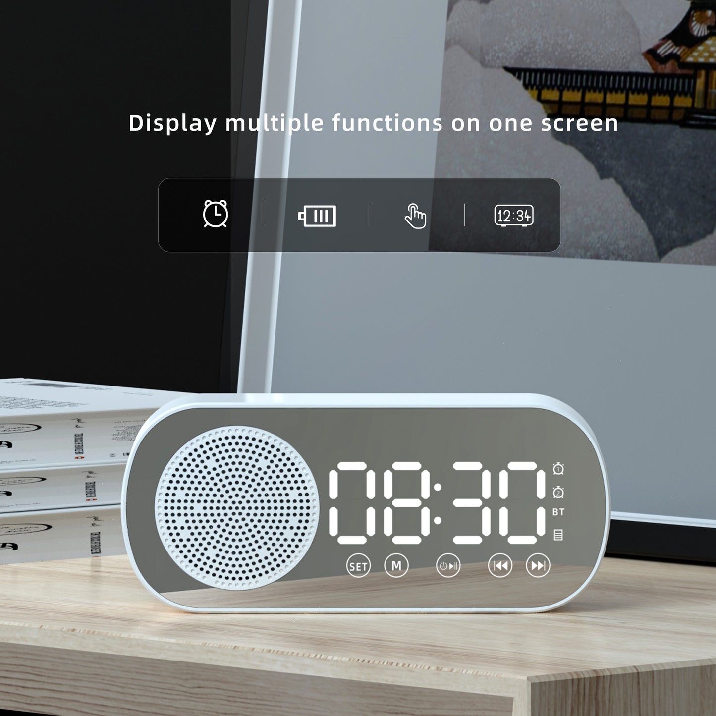 BT Music Alarm Clocks Mirror FM Radio LED Digital Clock 2 Alarm Snooze 24H Electronic Watch Dimming Table Phone Stand USB Clocks
