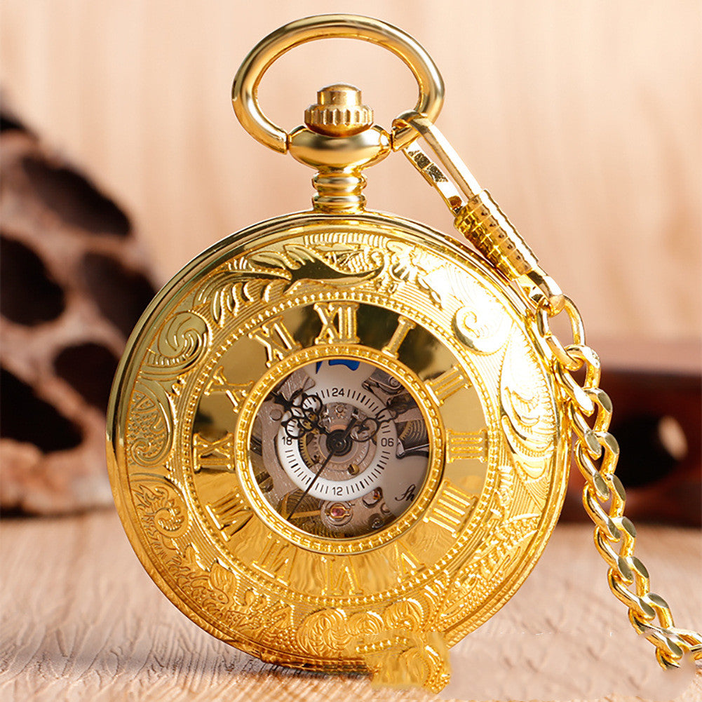 Retro Double-open Carved Hollow Manual Manipulator Pocket Watch For Men And Women
