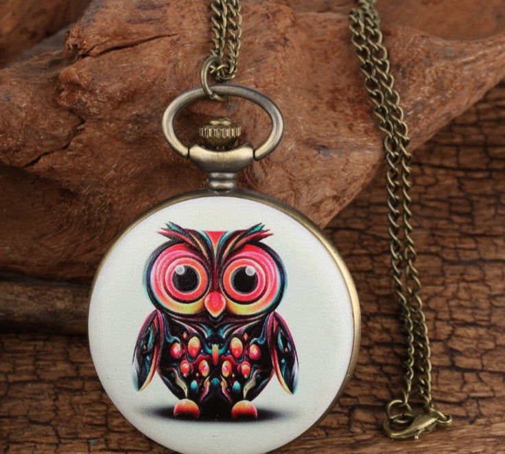 Flip Cartoon Owl Pattern Pocket Watch Cute Student's
