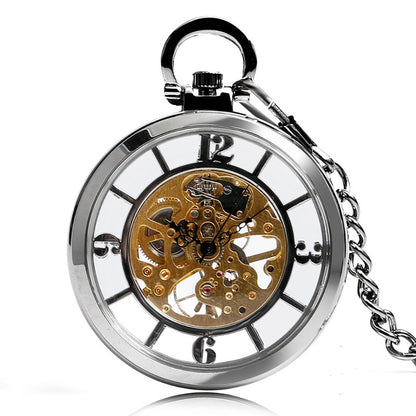 Double-sided Transparent Cutout Design Straight Plate Without Cover Roman Literal Mechanical Pocket Watch