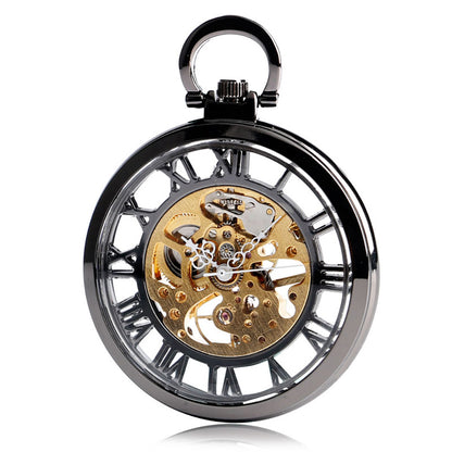 Double-sided Transparent Cutout Design Straight Plate Without Cover Roman Literal Mechanical Pocket Watch