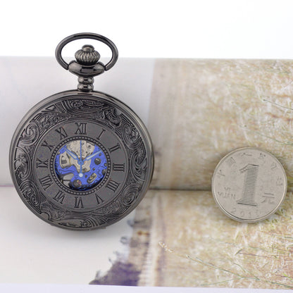 Retro Flip New Roman Blue Surface Mechanical Pocket Watch